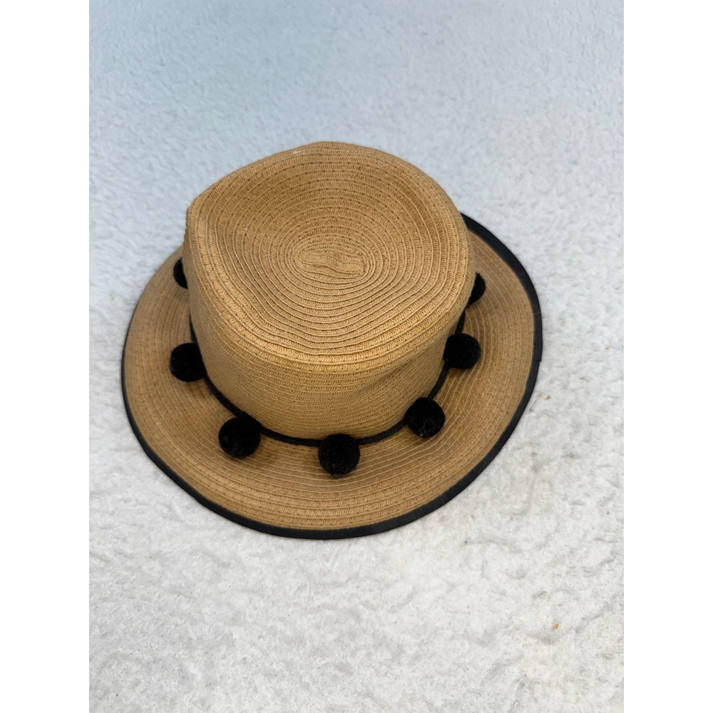 Express Tan Straw Boater Hat Black Pom Pom Trim One Size Boho Summer Sun Hat